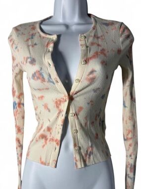 BDG Cream Tie-Dye Ribbed Button-Up Cardigan with Pink & Blue Accents